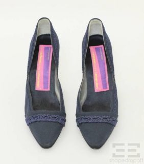 Susan Bennis Warren Edwards Navy Blue Nylon Embroidered Trim Heels 