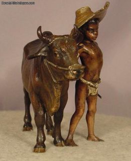 Rare Antique Bergman Vienna Bronze American Black Boy With Bull