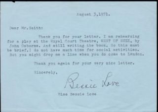 Bessie Love Vintage 1971 Original Signed Typed Letter TLS Autographed 