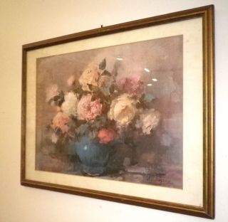   Picture Print Vase Pink Flowers Framed & Matted Signed R.A. Maguire