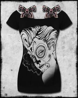   HOT BLACK SUGAR SKULL DAY OF THE DEAD GIRL ANNABEL BOW T SHIRT TOP