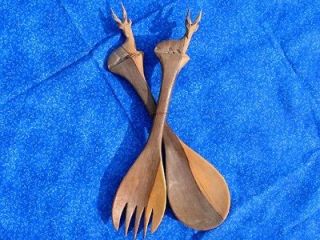 Carved Wood Forest Antelope Deer Elk Animal Serving Salad Spoon & Fork