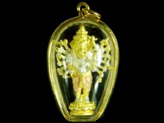 22K Gold Case Success Hindu Lord Many Arms Ganesh OMM Thai Amulet 