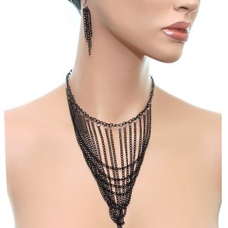 Black Multi Dangling Bib Chain Necklace Earrings Set