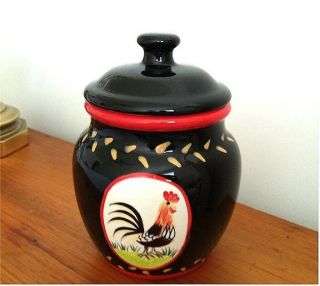 Biscotti Cookie Jar or Canister Rooster Design Black Red Gold Trim 