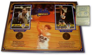 Bill Walton John Wooden Dual Signed Autographed 5X7 Cards w/ 2 Coins 