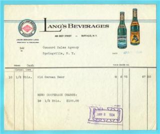   NY Gerhard Lang Brewery Billing Statement Dated Jan 8 1934