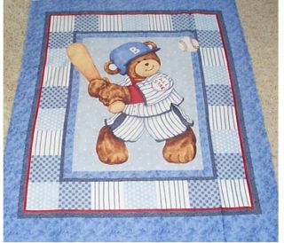 Billy Bear Teddy At Bat Baseball Quilt top Panel Fabric Cotton Baby 
