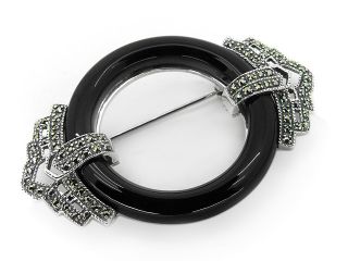 925 Silver Black Onyx Marcasite Ring Brooch