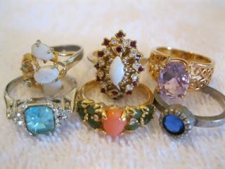   Rings 14k Gold Filled Coral Jade Rhinestone Cocktail FX Opal 7
