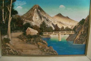Japan Framed Picture Primitive Birch Bark Landscape Art Vintage Lake