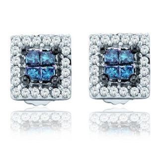 Blue Diamond Pave Cluster Square Stud Post Earrings 14k White Gold 
