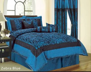 7PC Queen Zebra Size Comforter Set Blue Black Animal Print Bed In A 