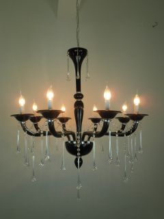 Black Murano Glass Style Clear Crystal 8LT Chandelier