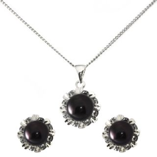 Star or Flower Pendant Necklace Earrings Set w White or Black Cultured 