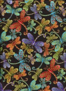 Dragonfly Magic on Black Met Gold Cotton Quilt Fabric