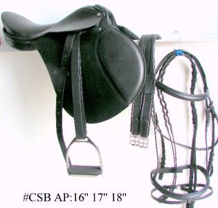 Black English Saddle Bridle Leathers Irons Chafeless Girth Hunt Jump 