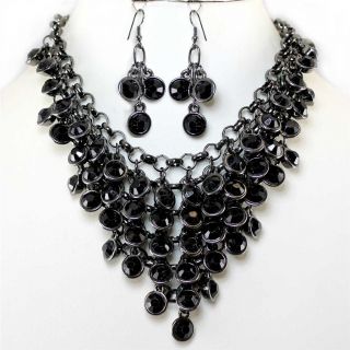   Jet Black Crystal Bib Statement Earrings Necklace Set Costume Jewelry