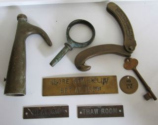 VINTAGE BRASS BOAT HOOK OAR LOCK SPANNER WRENCH PLAQUES and STATEROOM 