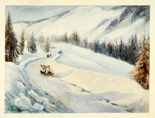 1907 Print Bobsledding Sledding Children Bobsled Winter Swiss 