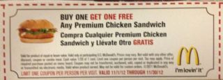 McDonalds Coupons  BUY 1 GET 1 FREE Any Premium Chicken Sandwich