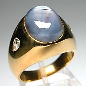 Vintage Mens Natural Blue Star Sapphire & Diamond Ring Solid 18K Gold 