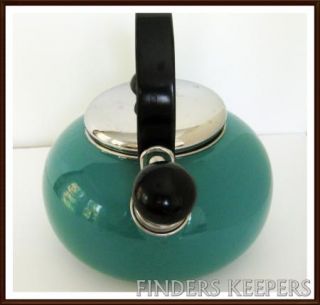 Teal Green Blue Enamel Steel Whistling Tea Pot Kettle Black Handle 