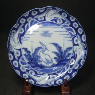 G894 Real Japanese Old Imari Blue and White Plate with Egret Design 