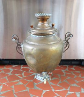 Antique Copper Brass Hot Water Pot Huge Urn Samovar Wood Handles 21 