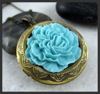 Spring Blue Cotton Rose Flower Brass Picture Locket Pendant Fashion 