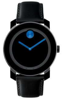 Movado Bold Mens Black Dial Blue Accents Black Leather Strap Watch 