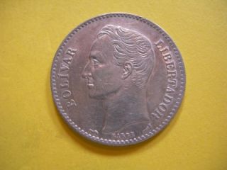Venezuela 1911 Silver Bolivar 5 grams Uncleaned Original XF AU
