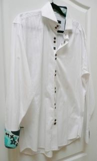 Bogosse White Striped Shirt w Top Stitching Square Buttons Swirl Print 
