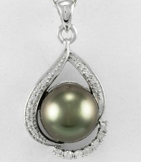 Black Pearl and Diamond Pendant 14K Gold 13.5mm AAA Pearl .20 CT 