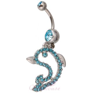   Dolphin Dangle Barbell Navel Belly Bars Ring Aqua Crystal Body Jewelry