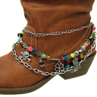 MULTI COLORED BEADS AND CHARMS BOOT ANKLET BRACELET WITH 3 CHAINS