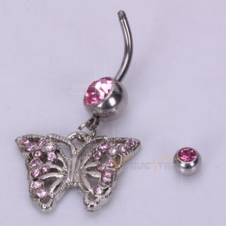  Butterfly Barbell Navel Belly Button Ring Pink Rhinestone Body Jewelry
