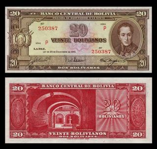 20 Bolivianos Banknote Bolivia 1945 P Bolívar Portrait Pick 140 Crisp 