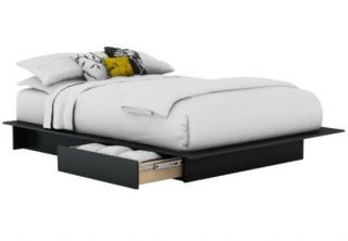 Black Full Size Bed with Drawers No Box Spring Req Wood Platform Frame 
