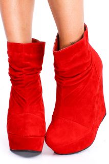 Red 8 Faux Suede Ruched Platform Ankle Wedge Booties