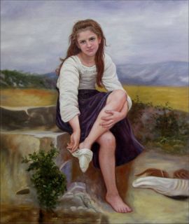   Painted Oil Painting Repro Bouguereau Girl Removing Her Socks