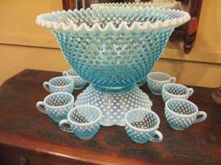 Rare Vintage Blue Fenton Hobnail Punch Bowl with Base and 10 Cups