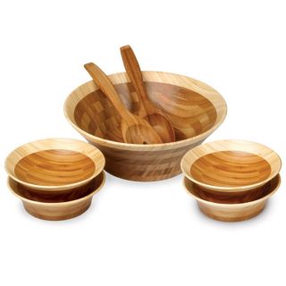 Bamboo Serving Bowl Set w Servers and Side Salad Bowls