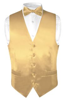 Biagio Mens Solid Gold Color Silk Dress Vest Bow Tie Set