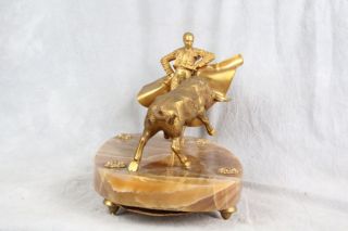 L102 Murcia Spanish 1950s Gilded Bronze Bull Fighting Banded Agate Ink 