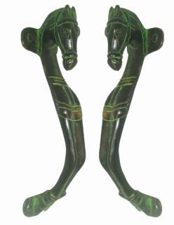 Pair of Green Antquated Brass Brass Horse Door Handles Large 6 5 Size 