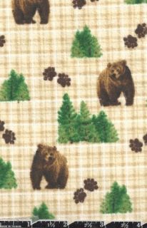 Brown Bears Flannel Fabric Bears Trees Paw Prints Plaid