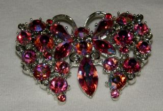   Lisner Signed Butterfly Pin Brooch Pinks and Reds Rhinestones