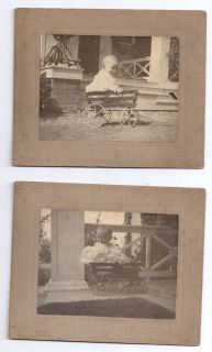 Antique Baby Photographs Child in Vintage Wooden Wagon Set of 2
