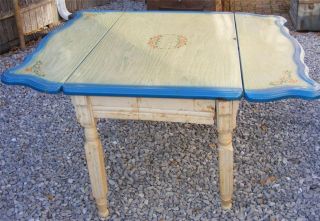 Antique Kitchen Dining Table 2 DROP LEAF LEAVES Wood legs METAL top 